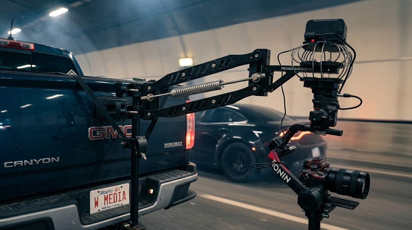 Wheeler's Media cinema chase rig for premier automotive video production in Calgary